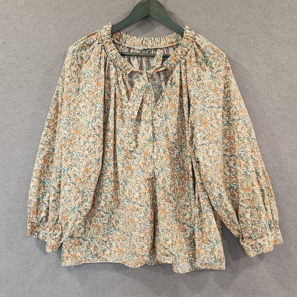 Rails Tops - Rails XXL Womens Ditsy Floral Tie Neck Blouse Peach Green Cotton Balloon Sleeve